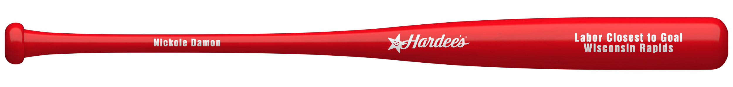 Red baseball bat with branding and specifications printed on the side.