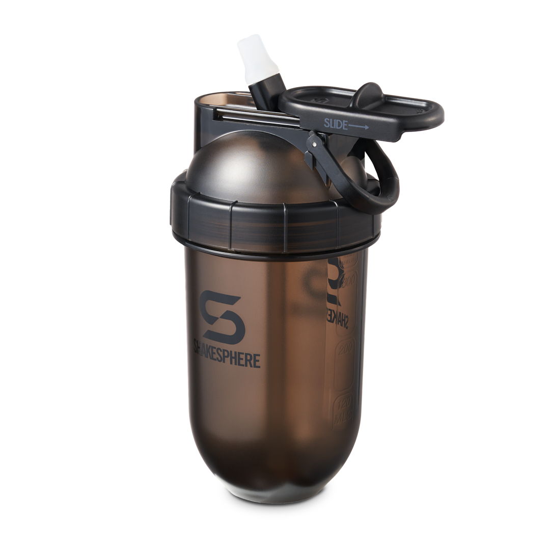 Shaker bottle with a black lid and spout, featuring a company logo.