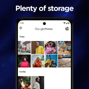 Mobile screen displaying Google Photos with various images and 