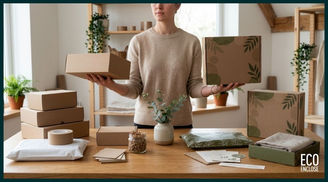 Person holding packages in a cozy room filled with plants and eco-friendly items.