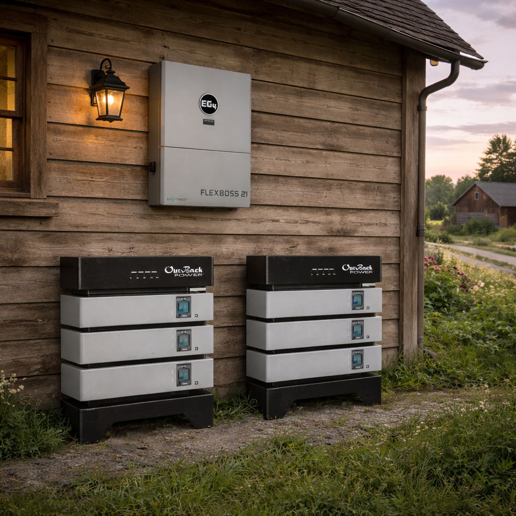 EG4 FlexBOSS and Outback Power batteries mounted on rustic home exterior.