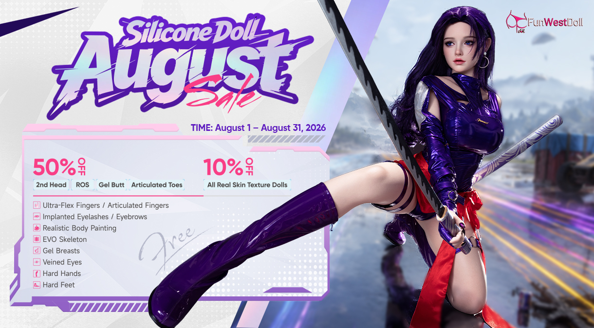 Fun West August silicone doll sale banner with promotional discounts