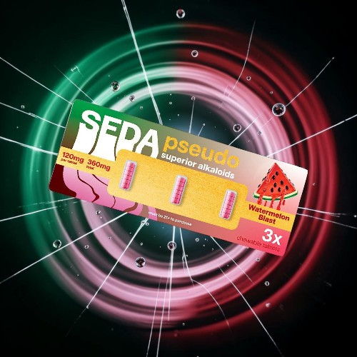 Packaging of SEPA pseudo with watermelon design on a vibrant background.