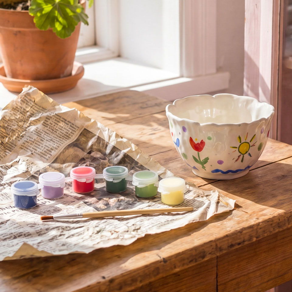 Paints and a decorated bowl on a wooden table near a window.