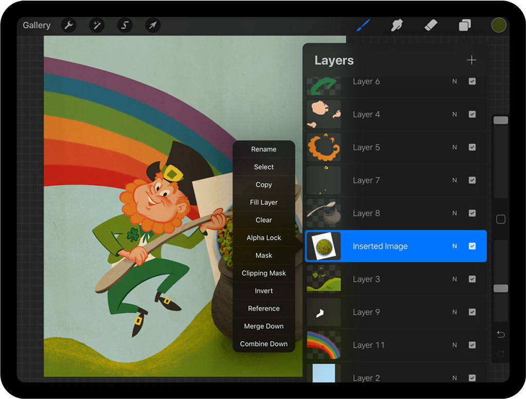 Cereal image layer and Invert option being selected in Layers Panel in Procreate on iPad