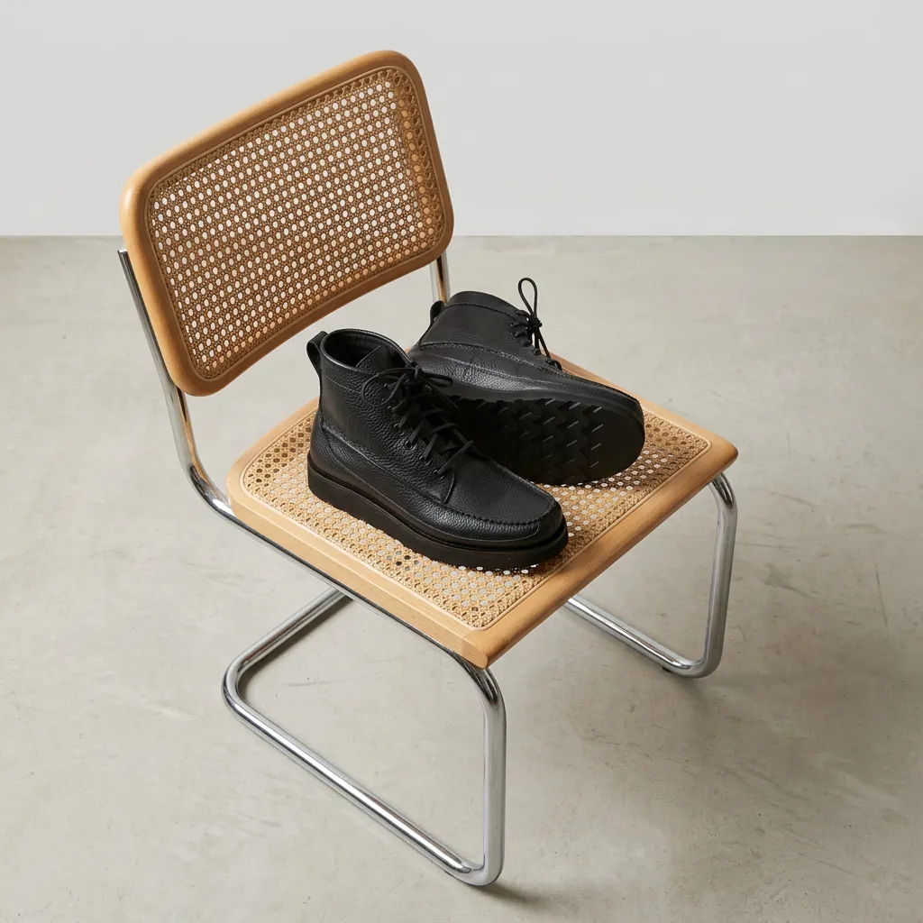 A pair of black shoes on a wooden chair.