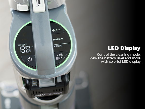 LED display on a vacuum cleaner showing settings and battery status.