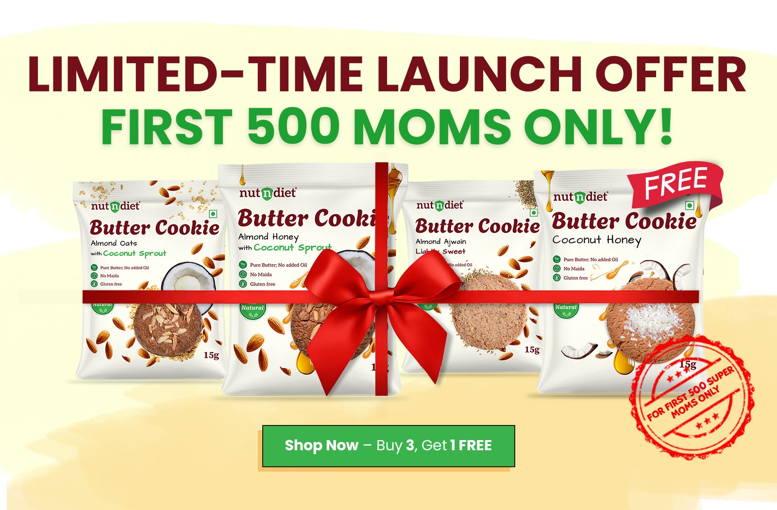 limited-time launch offer for the first 500 moms - Buy 3 Get 1 Free