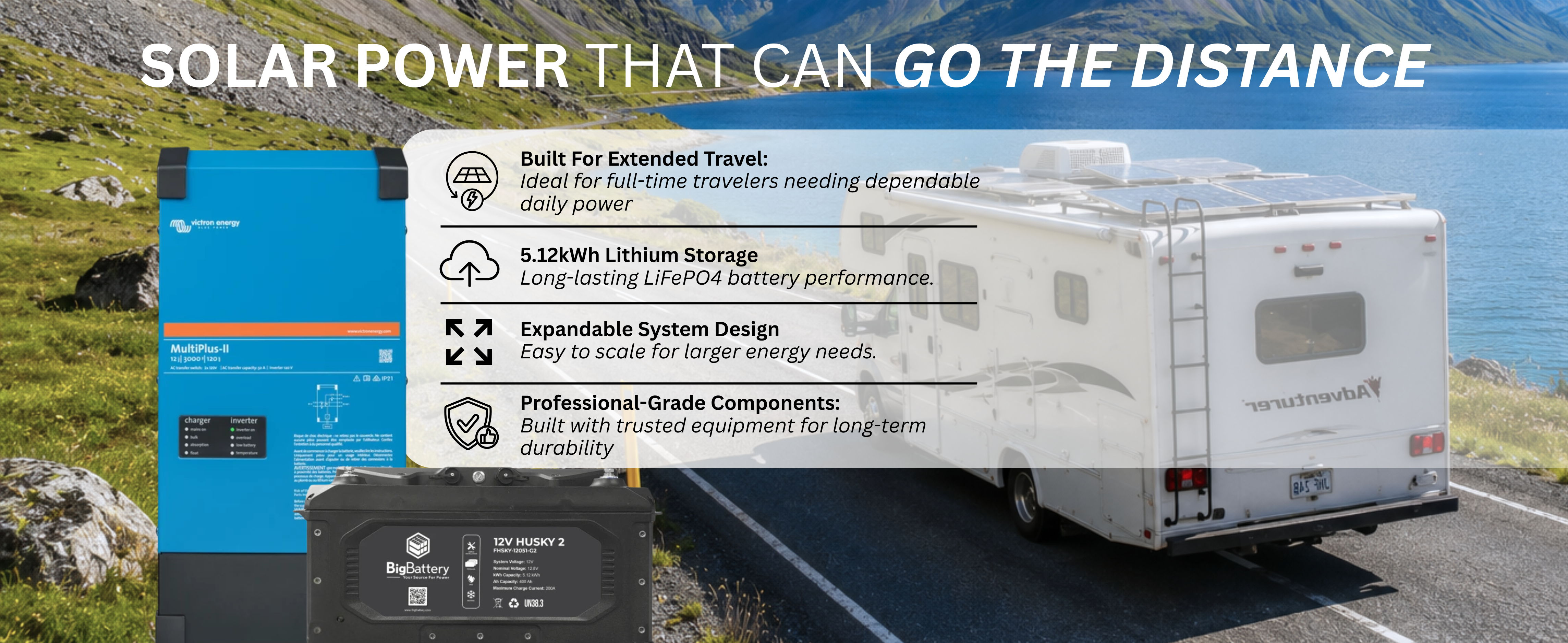 Solar power solutions for RVs with features and benefits listed.