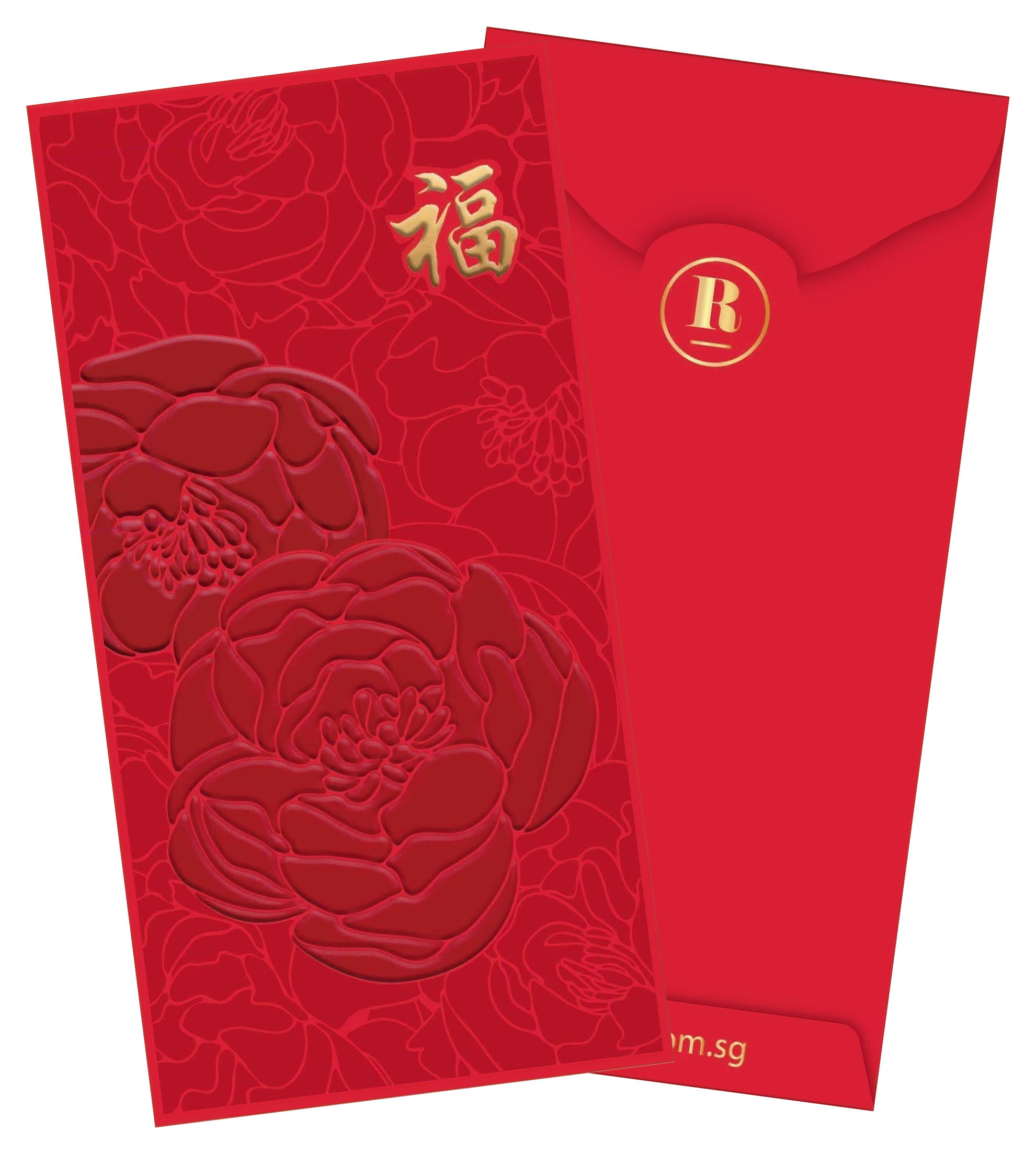 Red envelope with floral design and Chinese characters for good fortune.