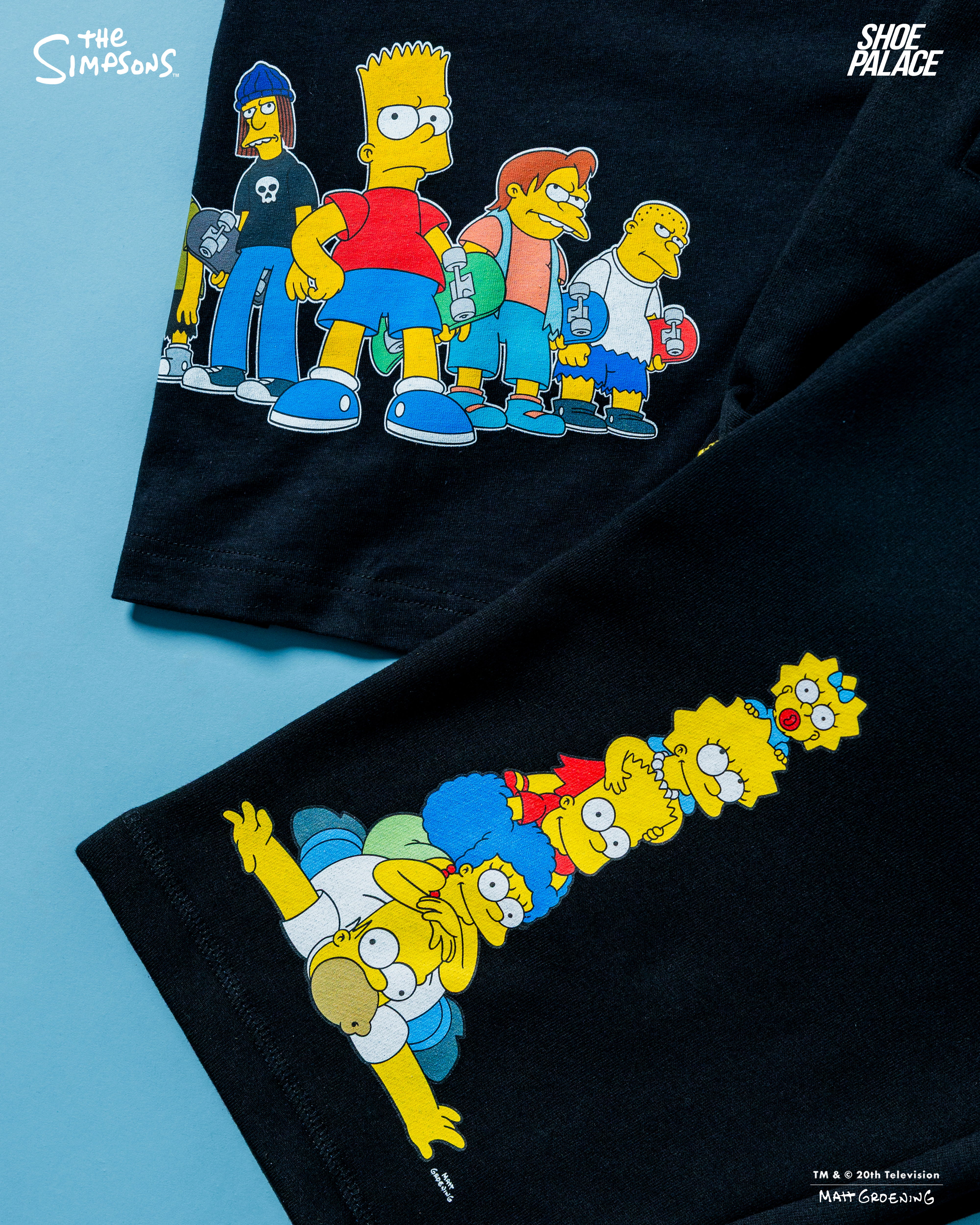 Cartoon characters from The Simpsons on black shorts.