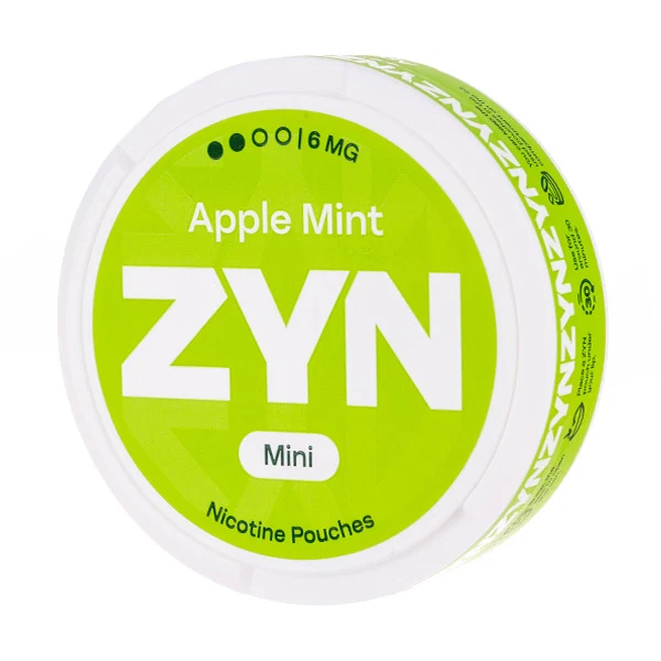 Apple Mint ZYN nicotine pouches in a green container.