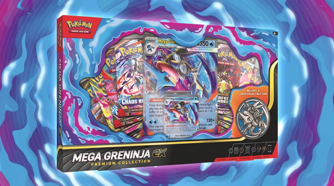 Mega Greninja EX, pokemon greninja ex, Mega Greninja Pokémon card game set packaging on a colorful background.