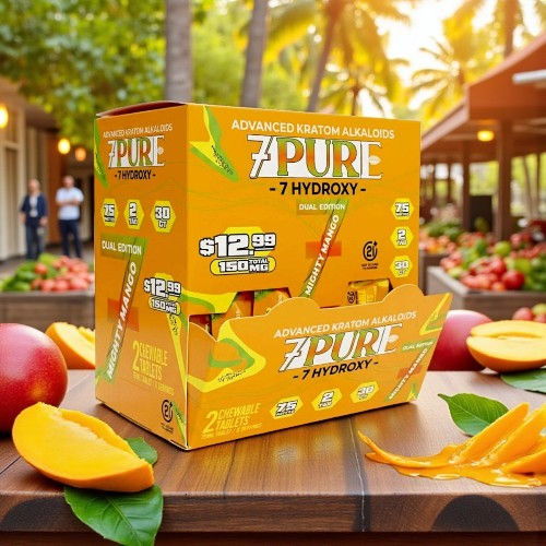 Box of 7 Pure hydration sticks with mango, surrounded by fruit and palm trees.