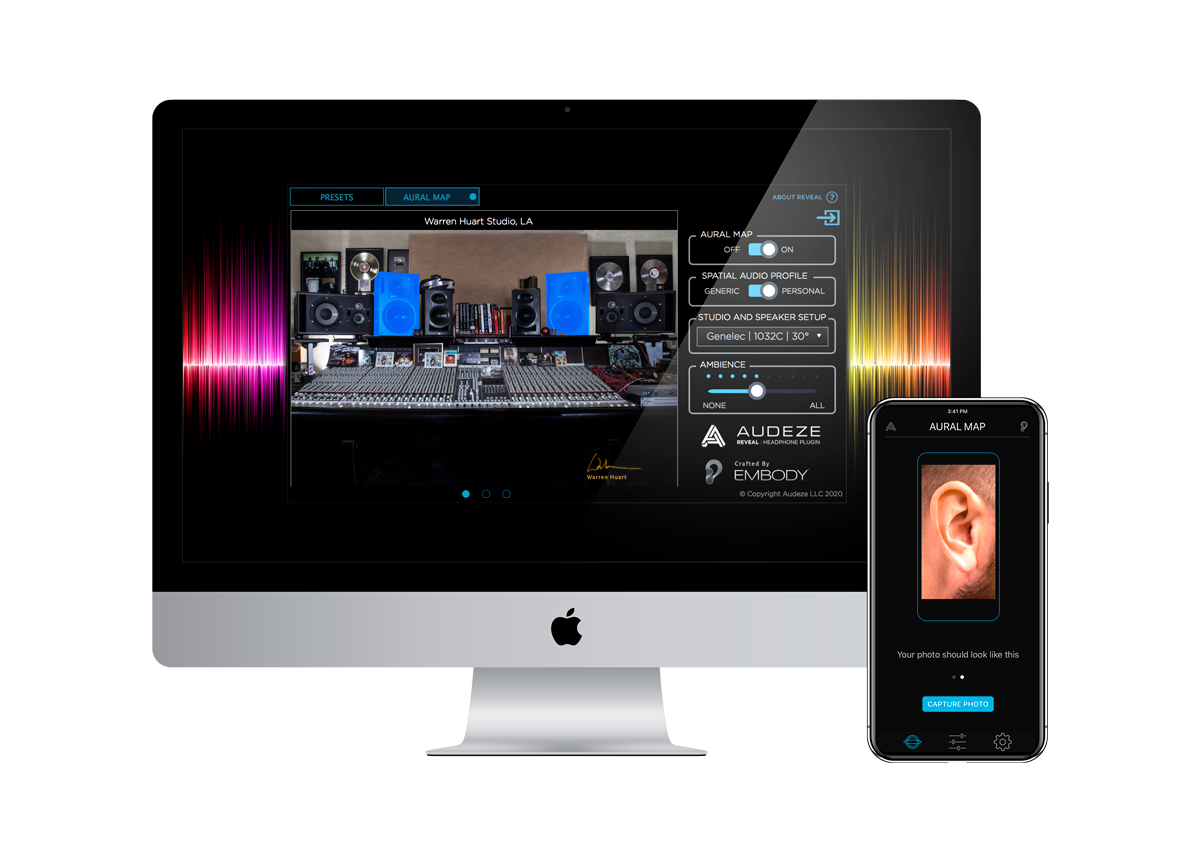Computer and smartphone displaying audio editing software interface.