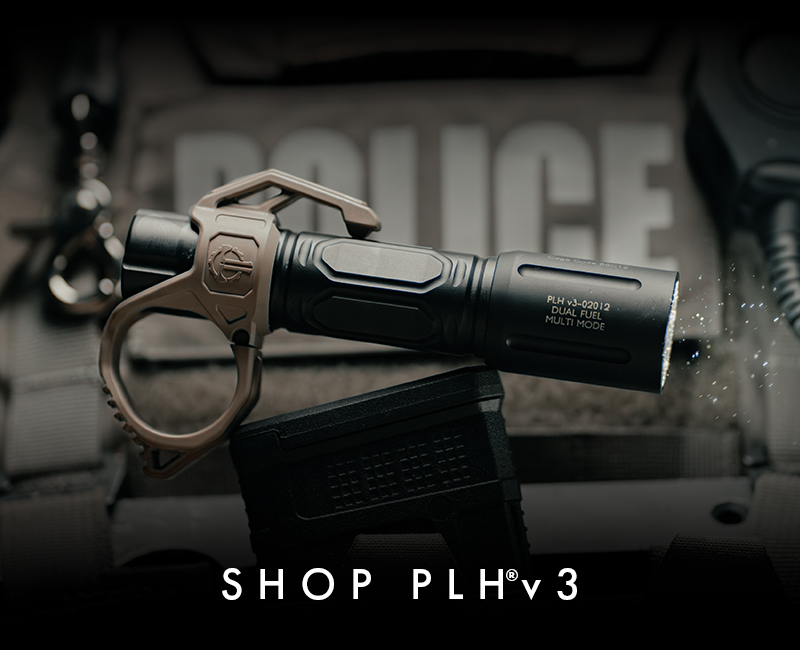 Flashlight with keyring on tactical gear background, promoting PLHv3 model.