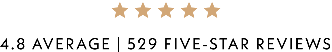 Five stars rating graphic with a beige background.