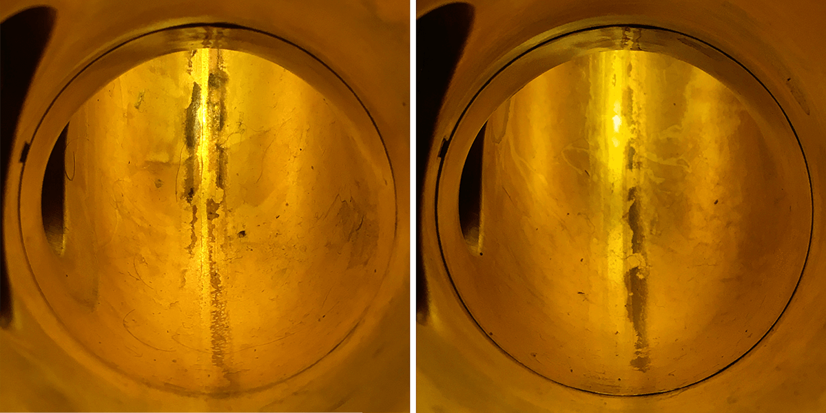 Comparison of the inside bow of identical saxophones. The sax without Key Leaves care products became sticky and attracted more dust, lint and bacteria than the sax that used Key Leaves sax care products and stayed cleaner.