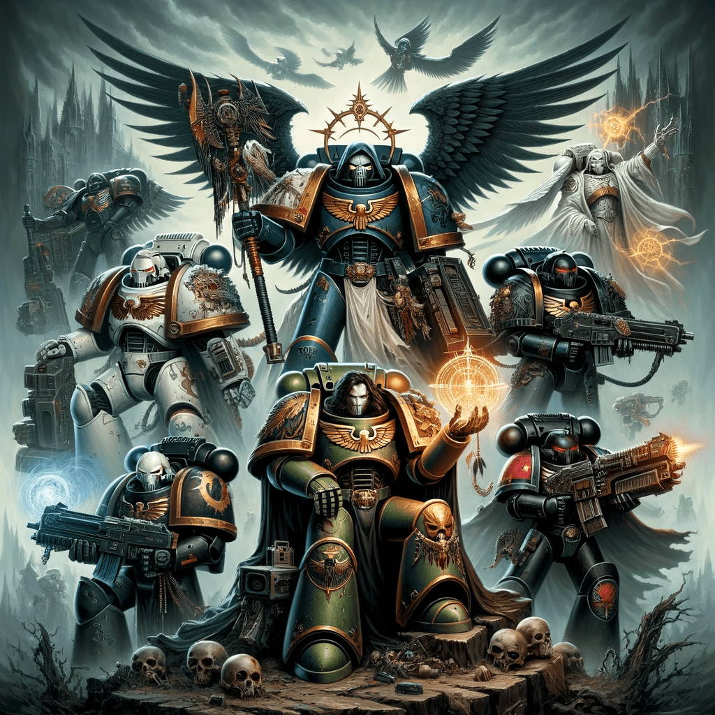 A dynamic and detailed illustration showcasing a variety of unique units from the Dark Angels faction of Warhammer 40K