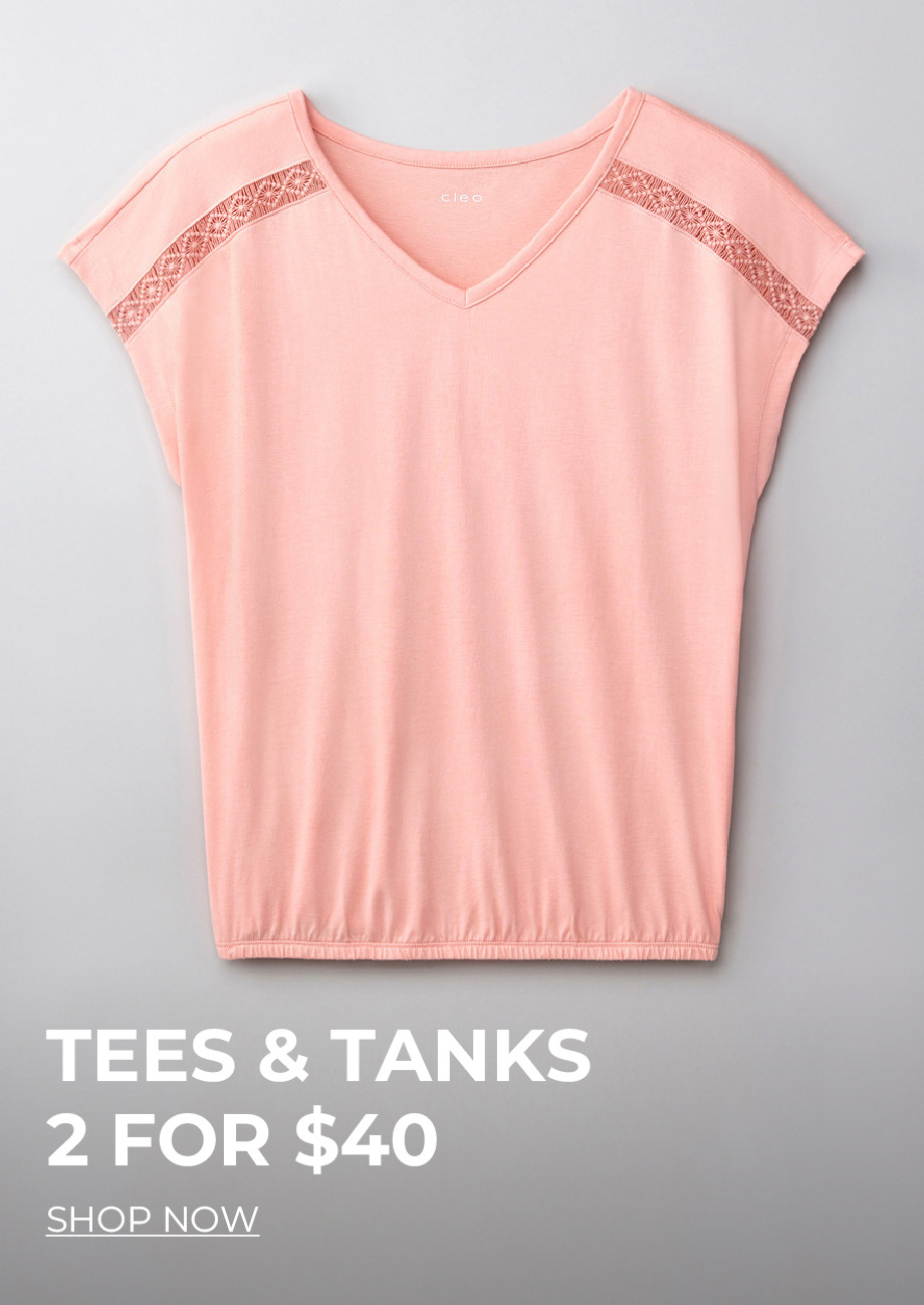 Pink v-neck top with decorative shoulder details, promotional text for tees and tanks.