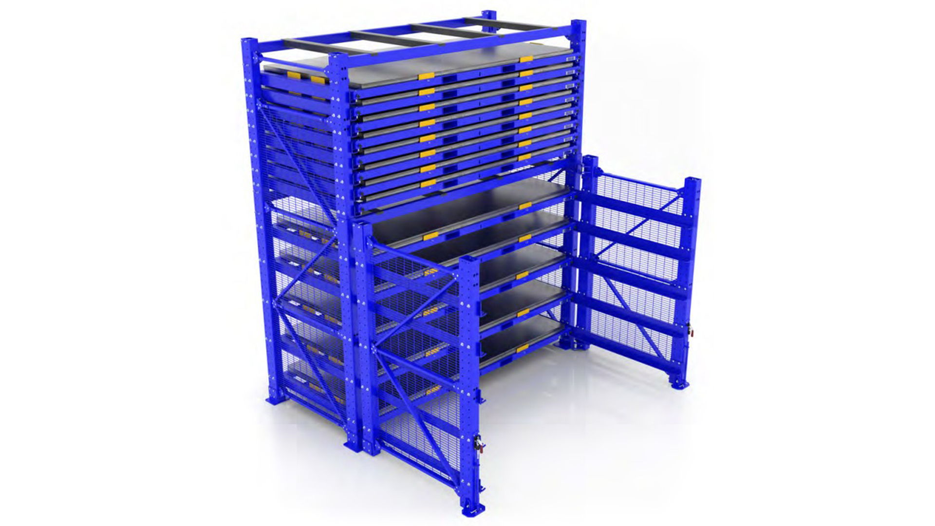 Blue storage rack with multiple shelves and open sides.
