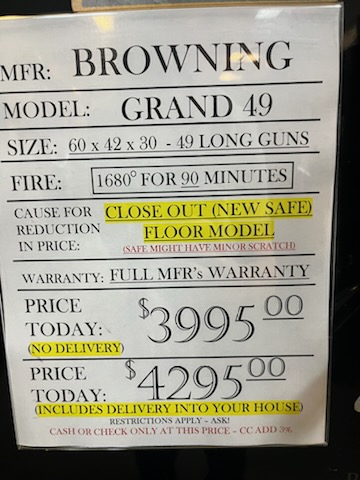 BROWNING GRAND 49 gun safe exterior with sale price tag on door - SES spring cleaning sale