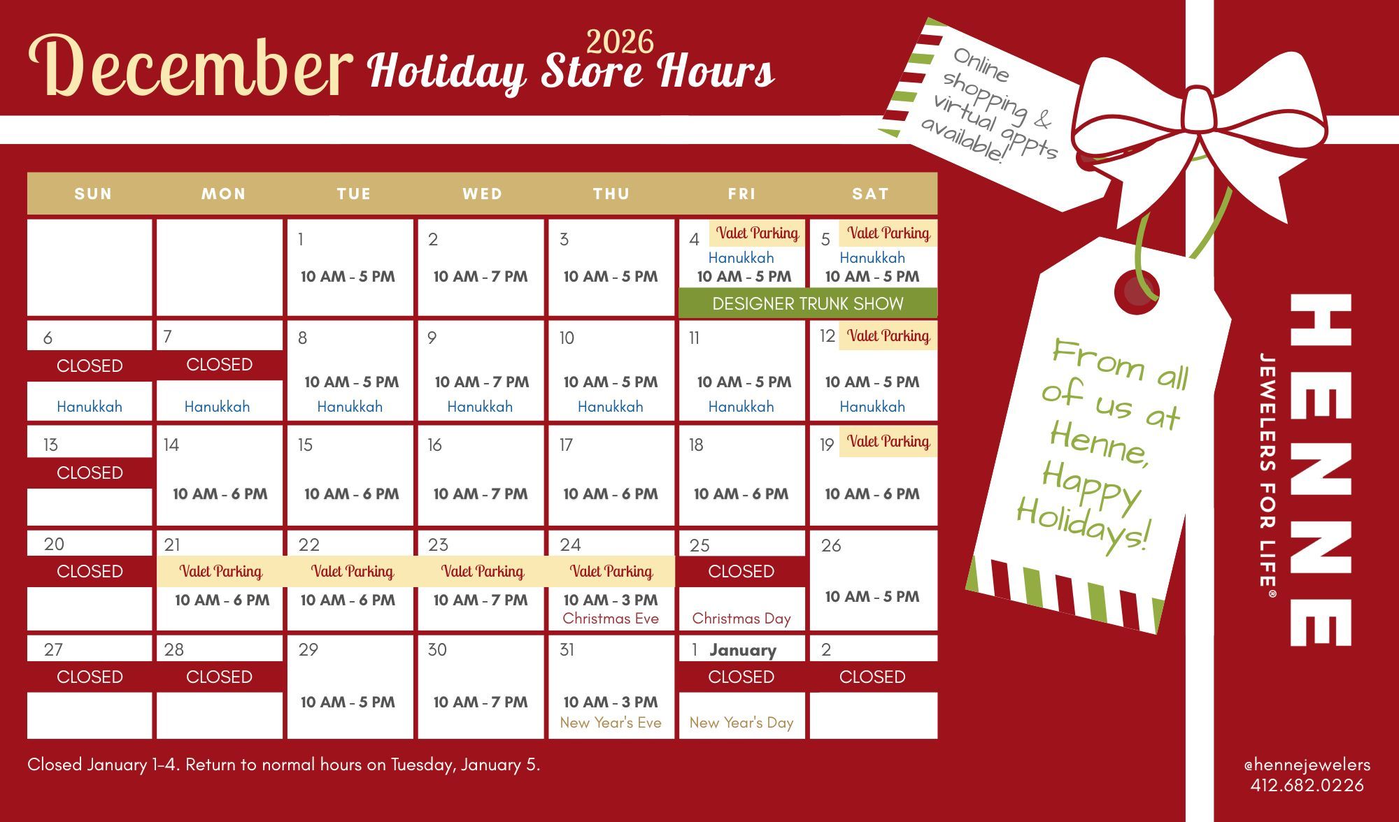2026 Henne Holiday Store Hours