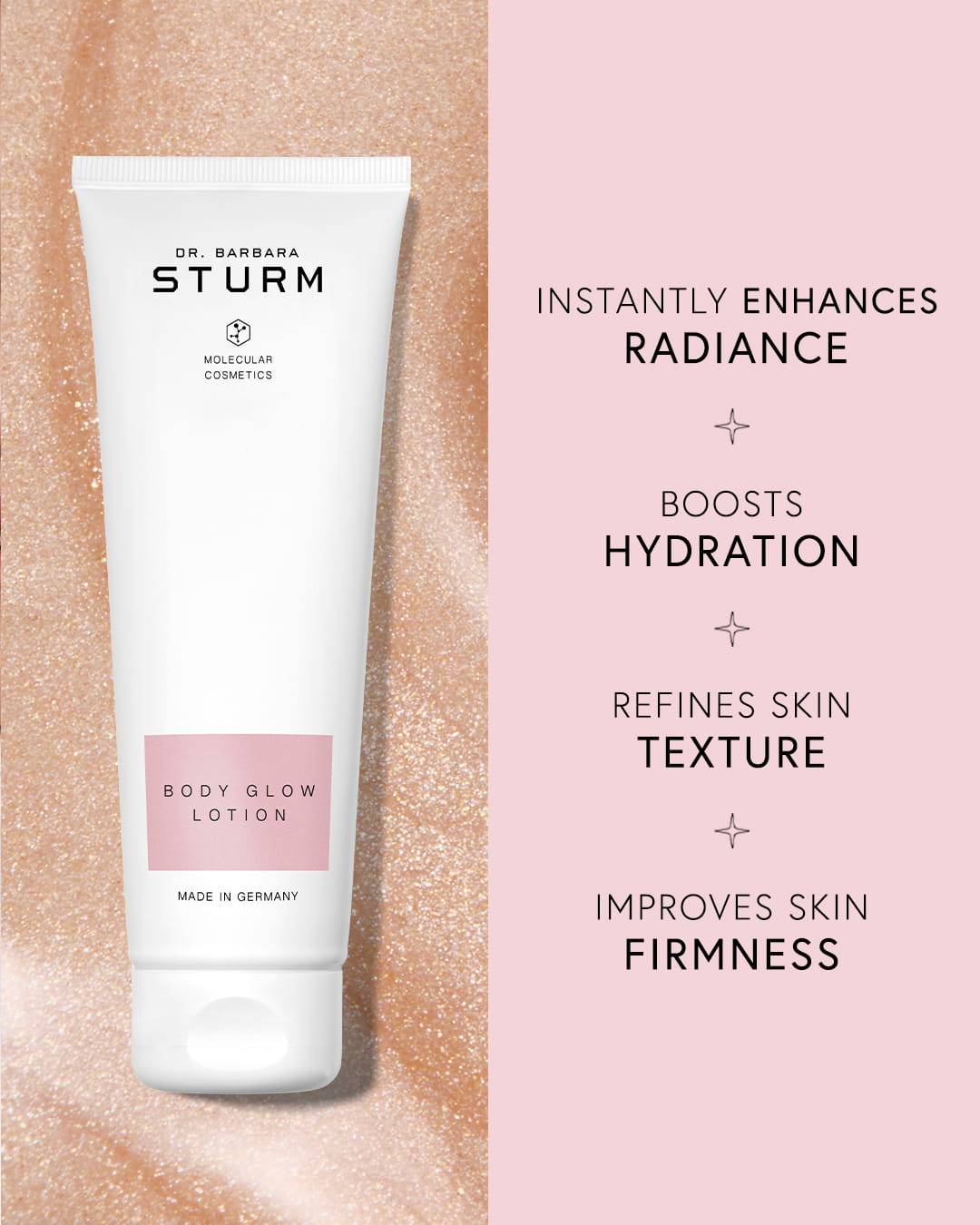 Product tube with benefits: radiance, hydration, texture refinement, firmness improvement.