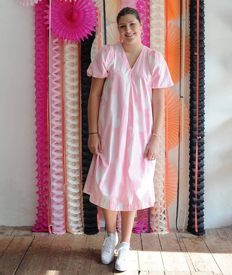 Sophie wearing her Hen Do outfit of the Levete Room Annika long dress in Powder Pink.
