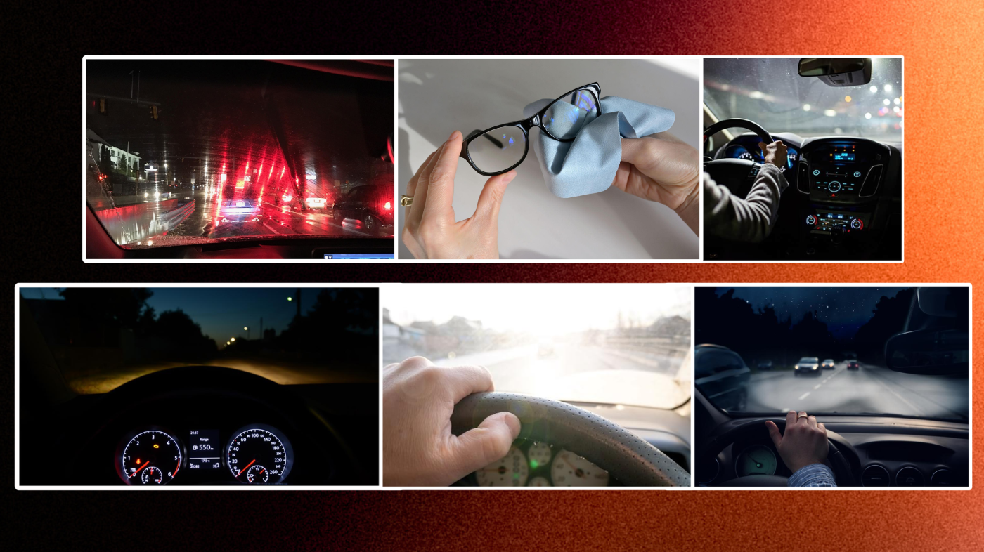 Different nighttime road driving view showing low-light conditions with headlights, streetlights, and reflective lane markings, illustrating visibility challenges while driving at night