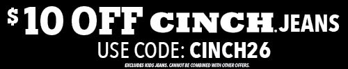$10 off Cinch jeans, use code CINCH26.