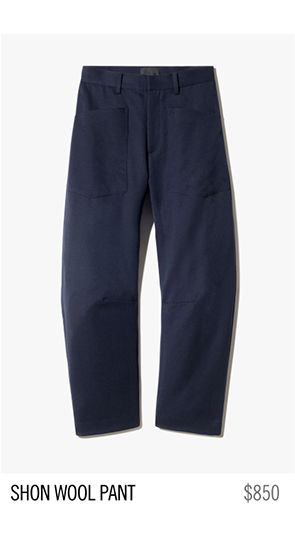 Navy wool pants displayed with price and product name.