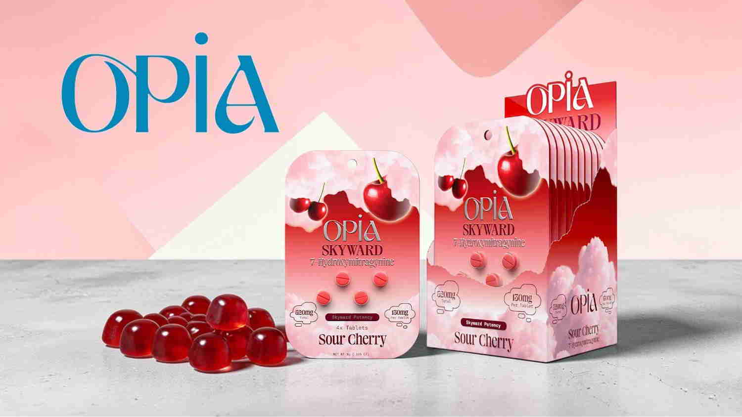 Product packaging for Opia with red jelly candies.