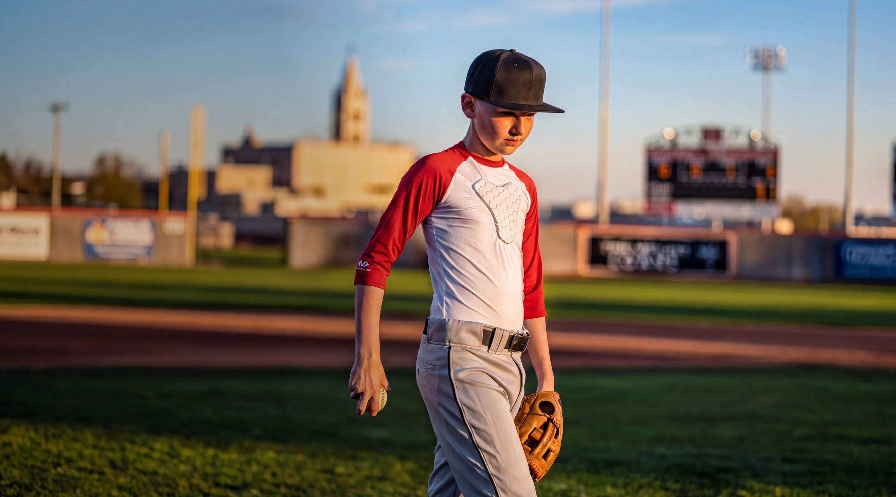 Boy in baseball uniform walking on field at sunset.