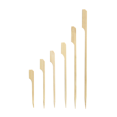 Several sizes of bamboo food picks with paddle shaped ends
