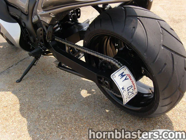 Detailed routing view of horn wiring harness and mounting hardware on Del's Suzuki Hayabusa motorcycle photo 5
