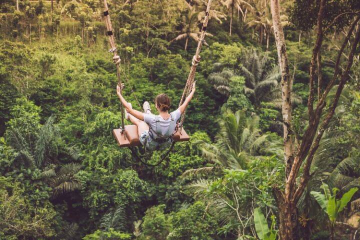 Woman Riding A Wooden Swing In the Forest