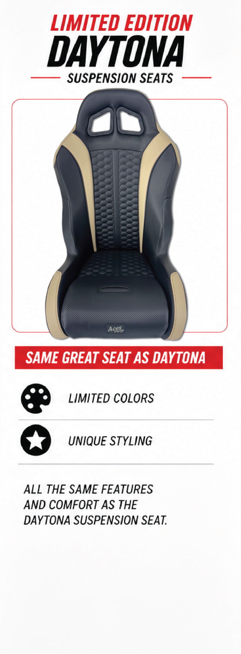 Limited edition Daytona suspension seat with unique styling and limited colors.