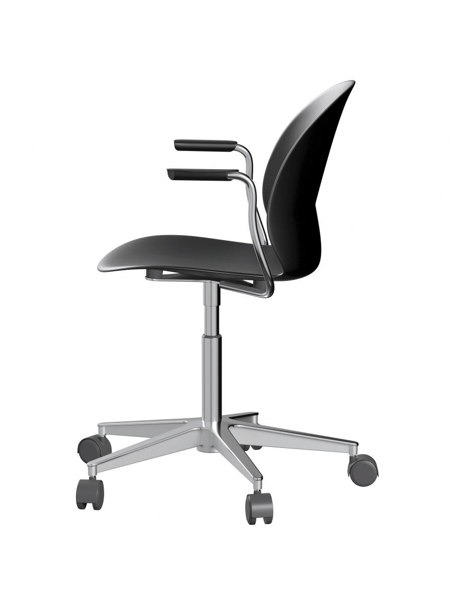 A modern N02 black office chair by Fritz Hansen with wheels and adjustable height.