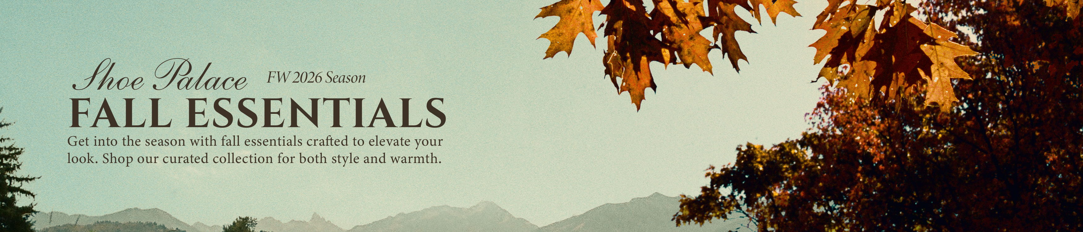 Text promoting fall essentials with autumn leaves in the background.