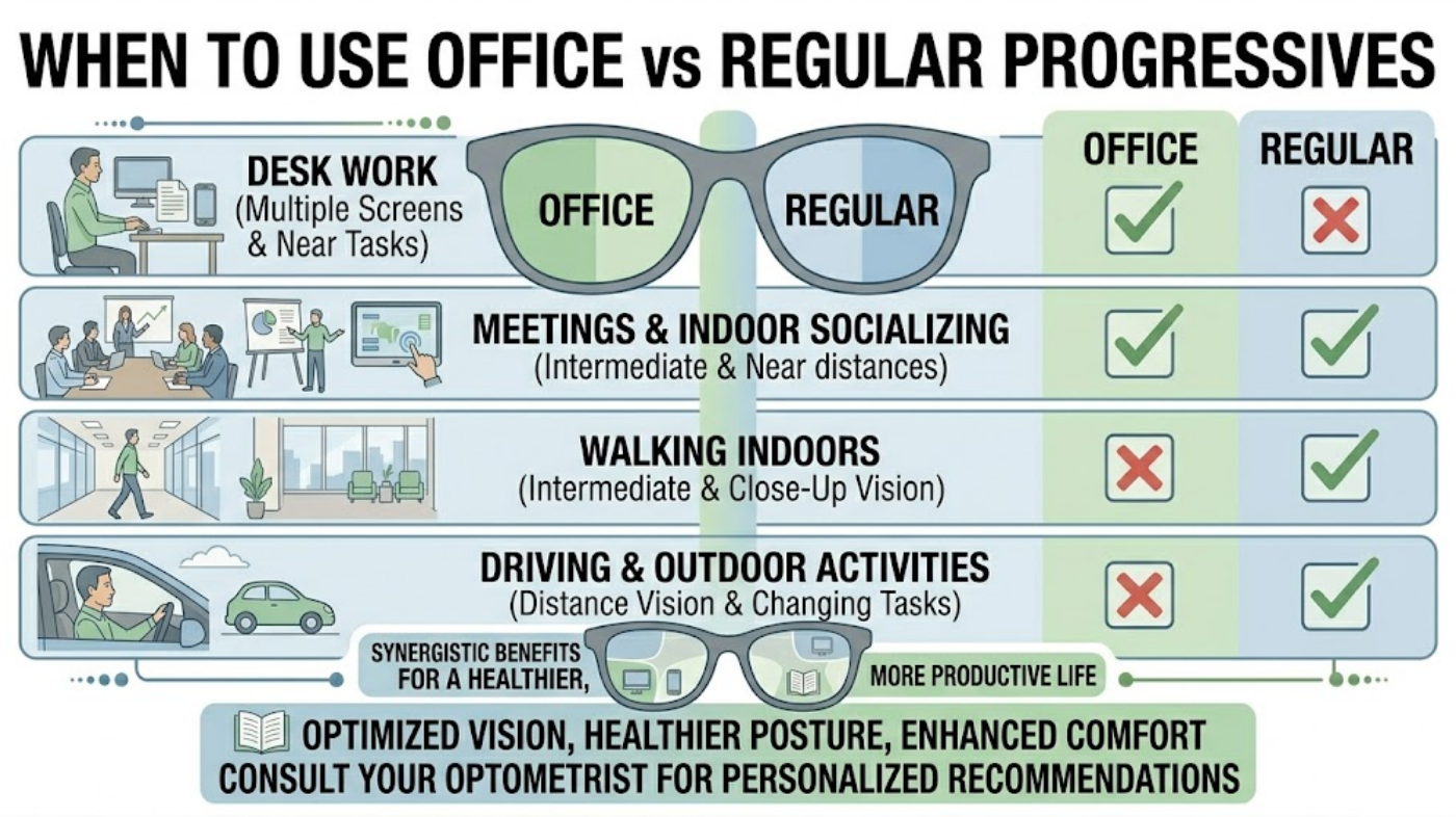 Chart showing when office progressive lenses are appropriate compared to regular progressive lenses.