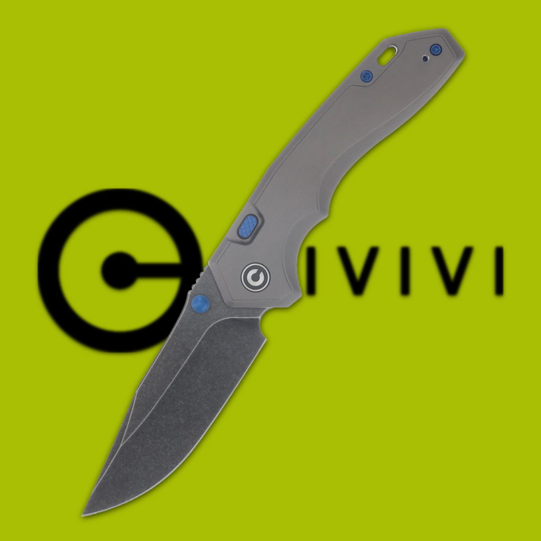 A folding knife with a gray handle on a green background.