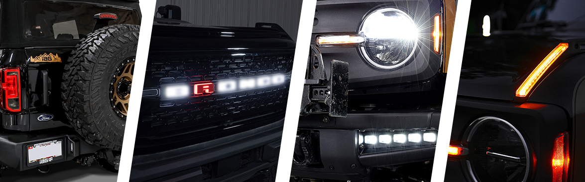 Photo collage of exterior lighting options for off-road vehicles.