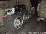 Dual subwoofers carpeted enclosure Viair compressor black air tank wiring cargo area Leonard's Dodge Caravan Conductor's Special 232 gallery photo 6