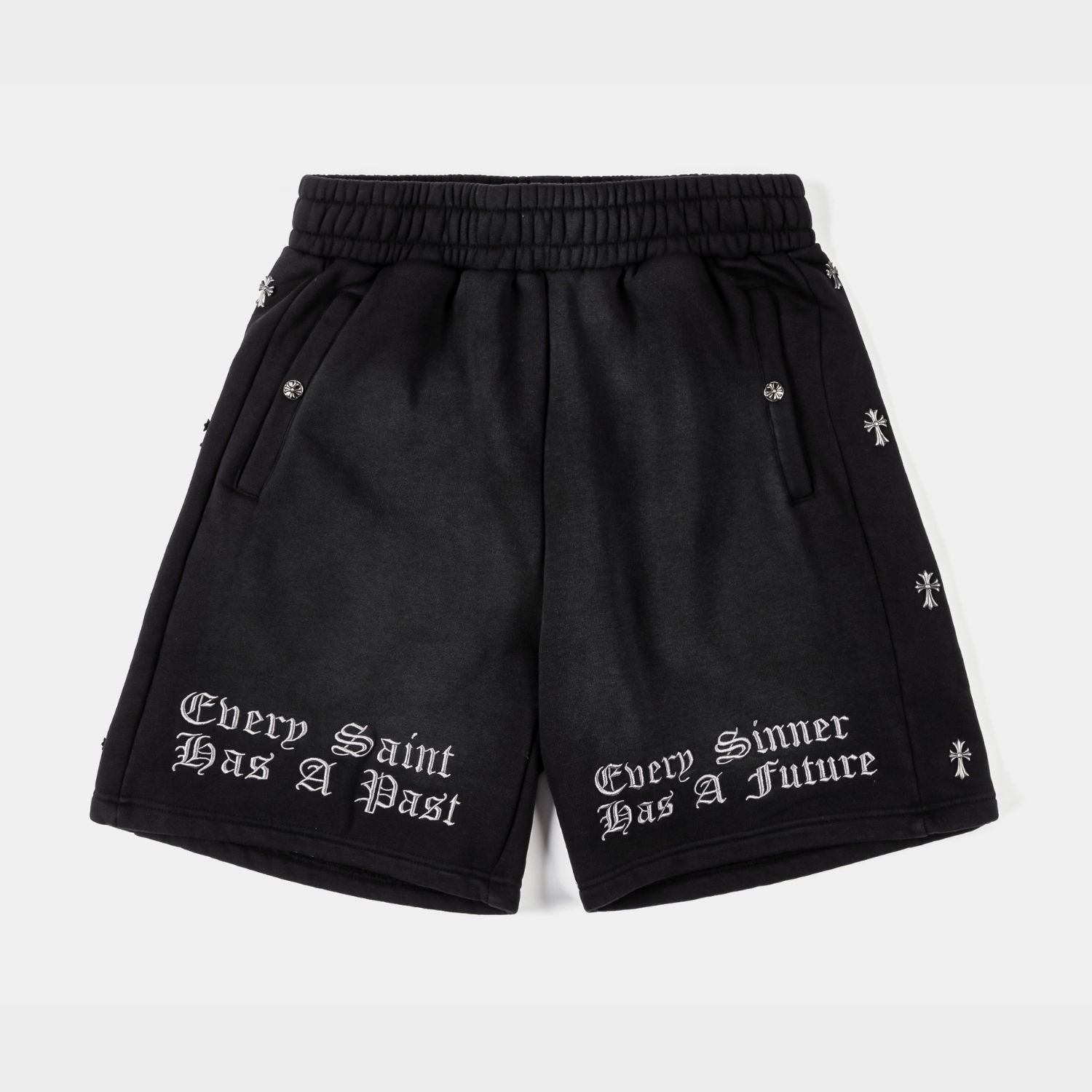 Black shorts with text: 