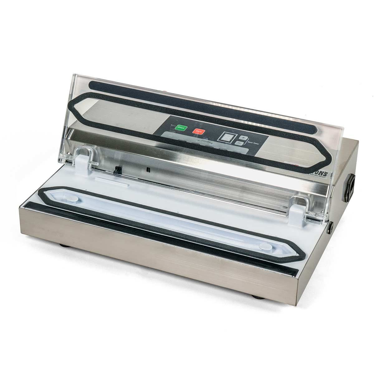 Vacuum sealer machine with control buttons and stainless steel design.