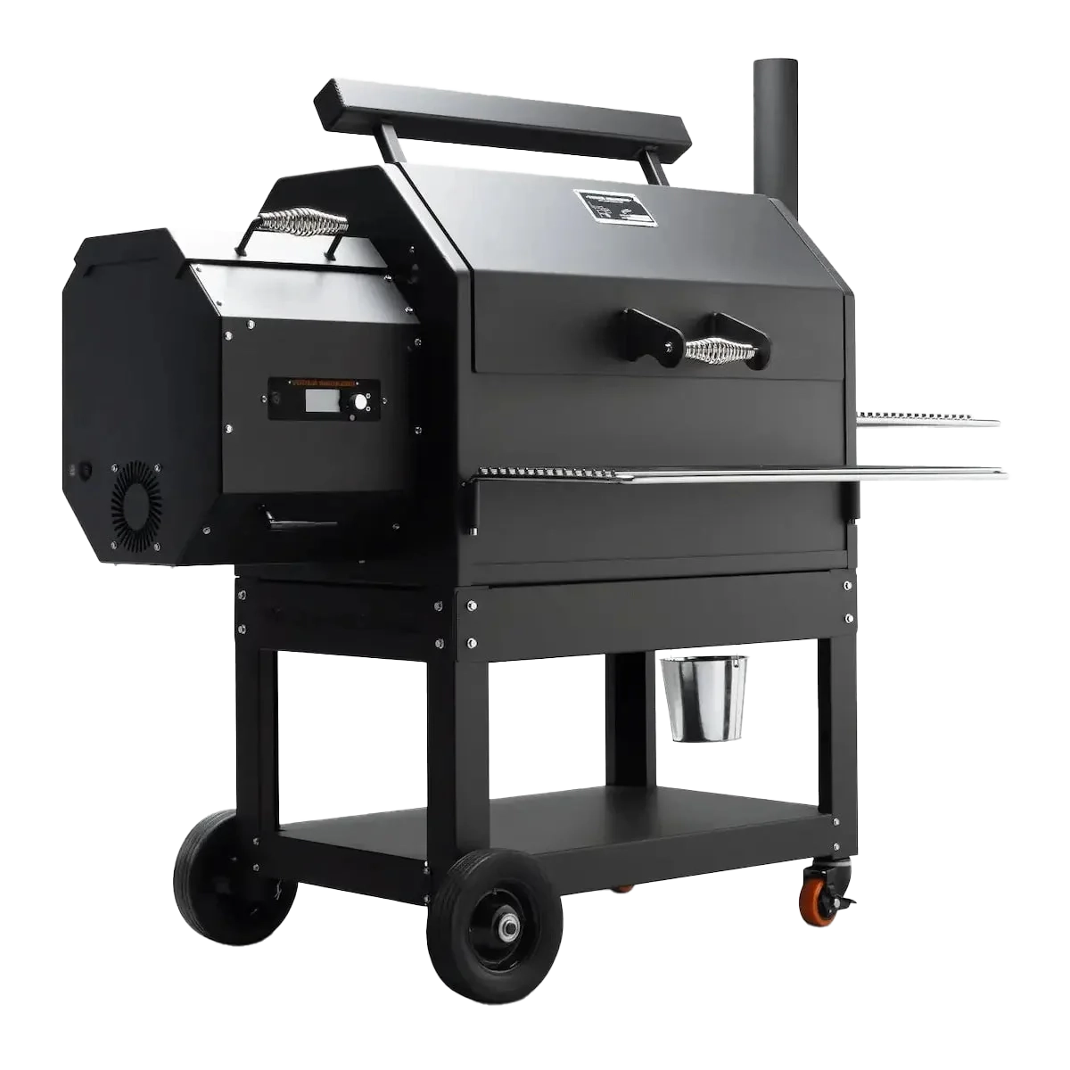 Black outdoor charcoal grill on wheels with a side shelf.