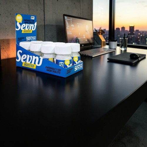A box of Sevn drinks on a desk with a city view.