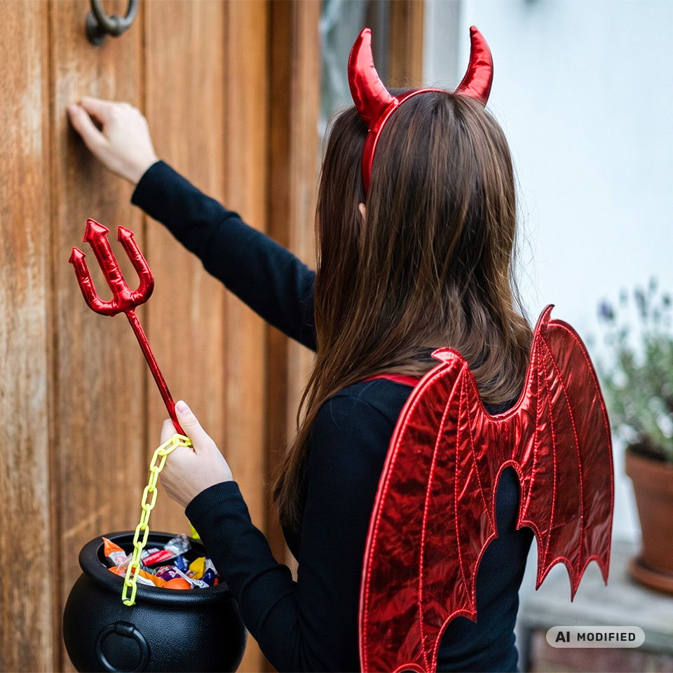 Child in devil costume knocking on a door, holding a candy cauldron.
