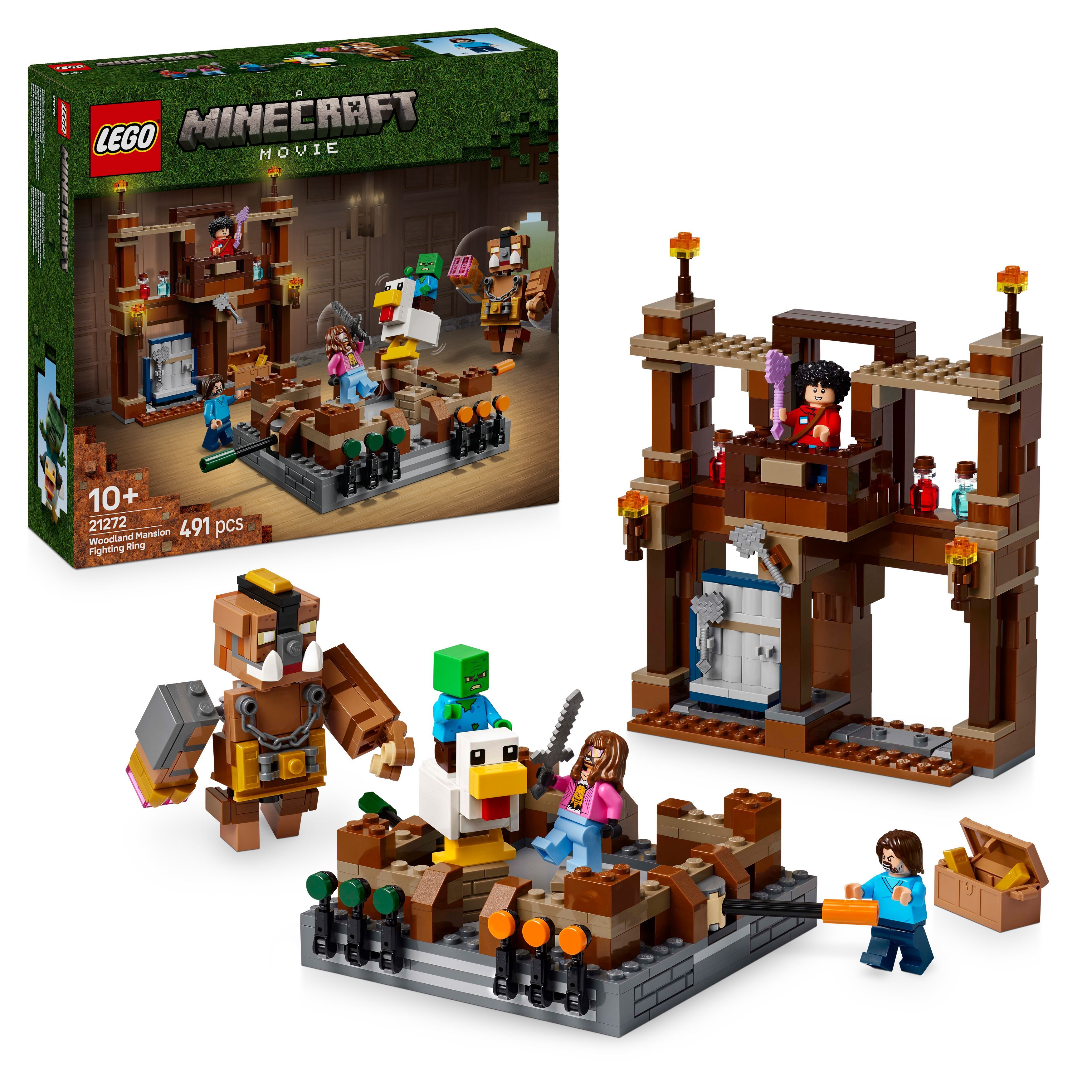 LEGO Minecraft set with characters and building elements.